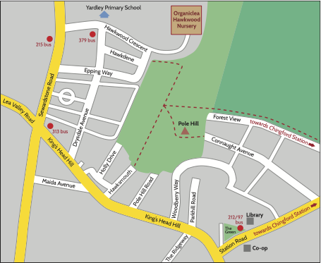 Road map of Chingford with walking route to Hawkwood Nursery from Chingford Station